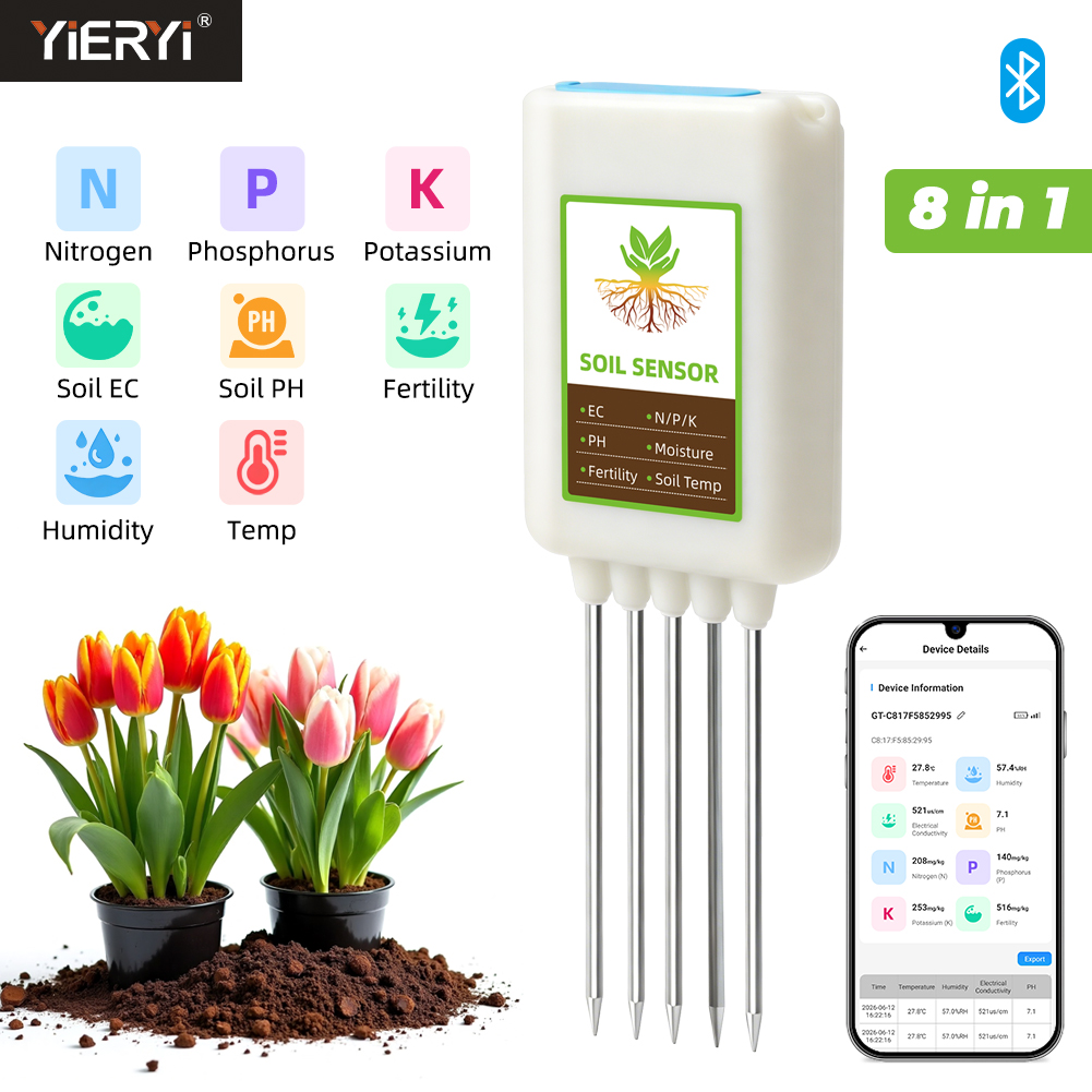 Soil Test Digital - Yieryi Bluetooth 8-in-1 Bodemtester NPK Sensor